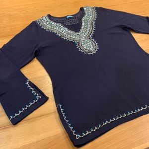 J.McLAUGHLIN Size L~Classic Knit Tory Sweater~Bedazzled V-Neck Detail Tunic~Gold